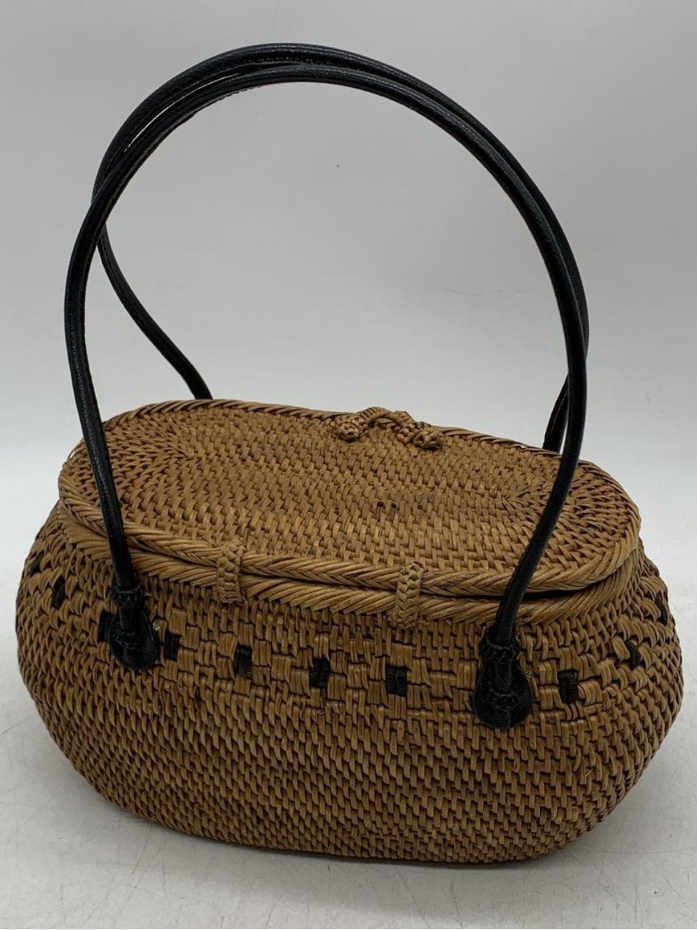 Vintage Rattan Woven Boho Handbag Brown Basket Purse Blue Batik Lining - Picture 3 of 8